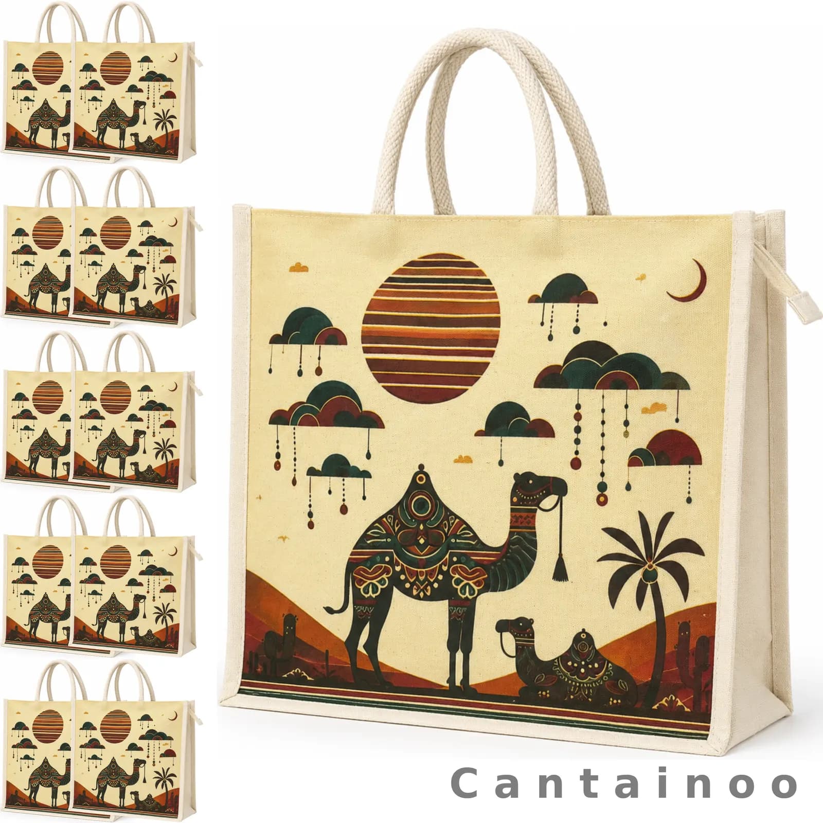 Boho Desert Camel Canvas Tote Bag — Ethnic Reusable Shopping Bag