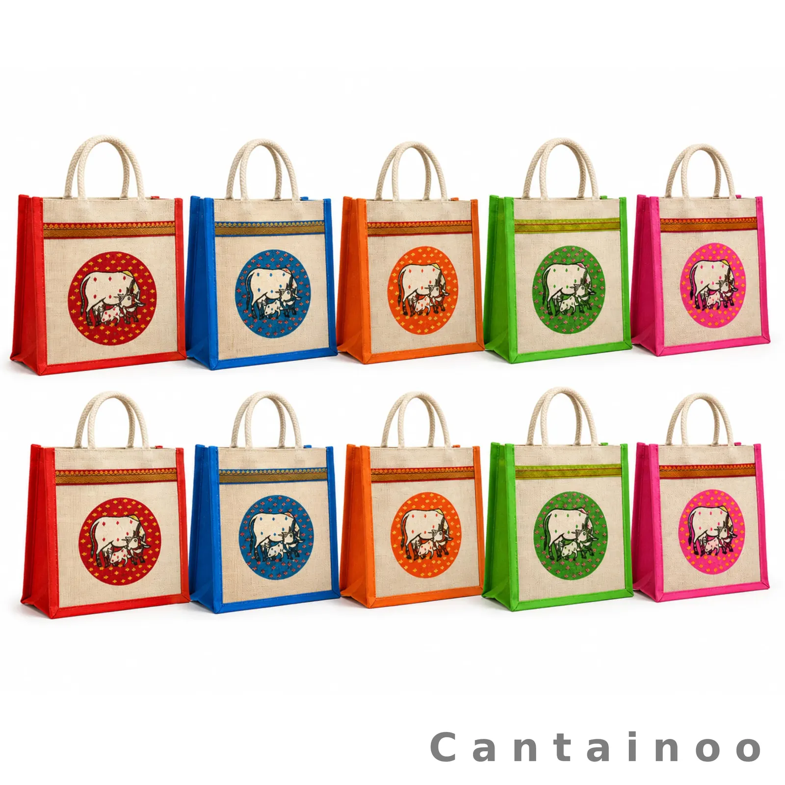 Traditional Kamadhenu Cow Print Jute Bag — Pooja Return Gift Tote